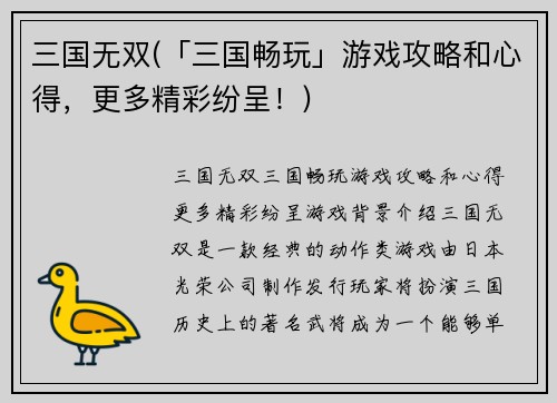 三国无双(「三国畅玩」游戏攻略和心得，更多精彩纷呈！)