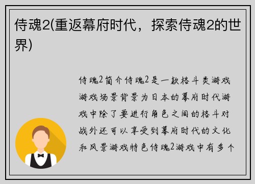 侍魂2(重返幕府时代，探索侍魂2的世界)